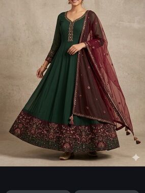 Dark grey(not green) Embroidered Maxi Dress with Maroon Dupatta, Anarkali